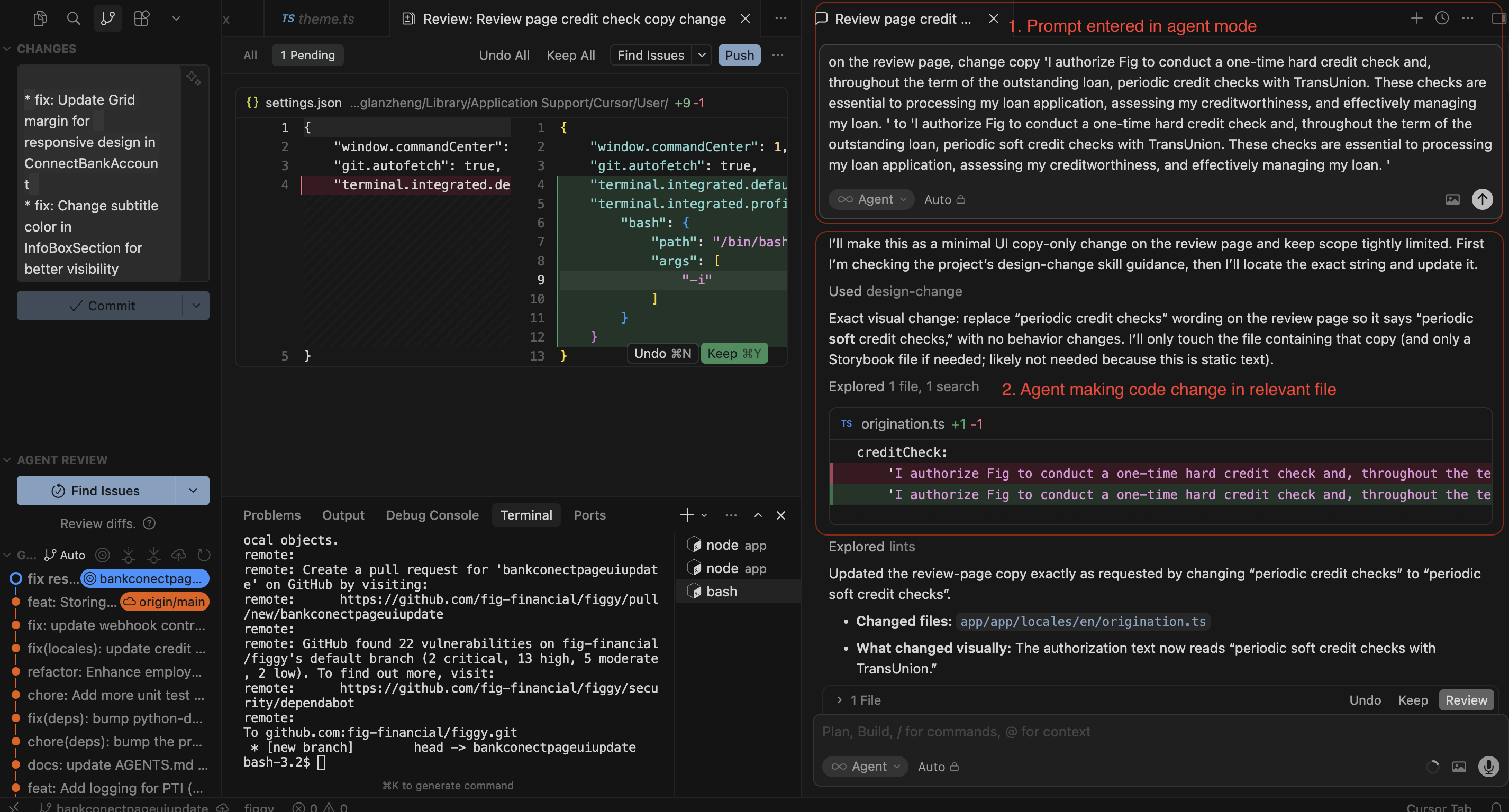 Cursor agent session in agent mode: prompt asking to change review-page copy from 'periodic credit checks' to 'periodic soft credit checks', the agent's plan using the design-change skill, and the resulting origination.ts diff